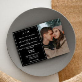 Einfache Schwarze Hochzeit mit Foto und Monogramm Einladung