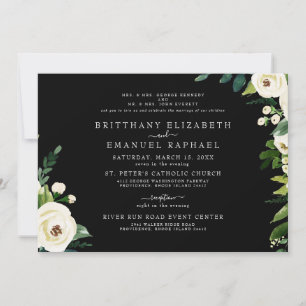 Einfache schwarze Hochzeit mit weißen floralen Ele Einladung