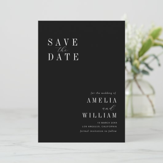 einfache schwarze Hochzeit Save the Date (Stehend Vorderseite)