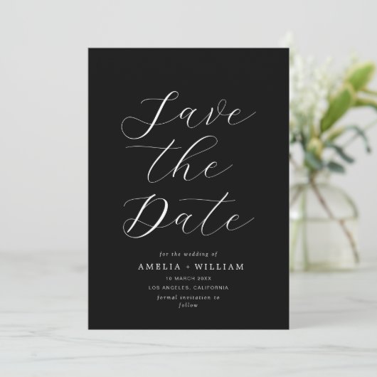 einfache schwarze Hochzeit Save the Date (Stehend Vorderseite)