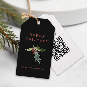 Einfache schwarze Holly QR Code Corporate Holiday Geschenkanhänger
