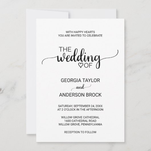 Einfache Schwarze Kalligrafie-Hochzeit Einladung (Vorderseite)