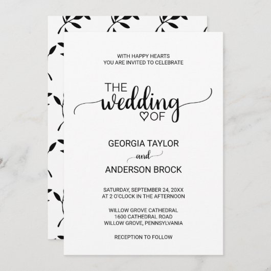 Einfache Schwarze Kalligrafie-Hochzeit Einladung (Vorne/Hinten)