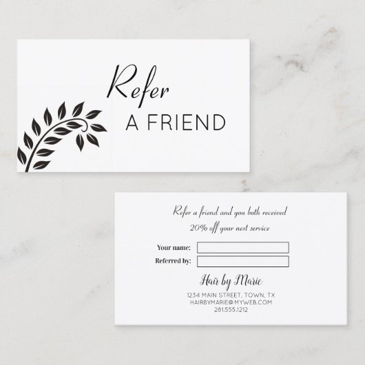 Einfache schwarze Leaf Refer a Friend Empfehlungskarte (Vorne/Hinten)
