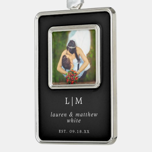 Einfache Schwarze Monogramm Elegant Erste Weihnach Rahmen-Ornament Silber (Links)