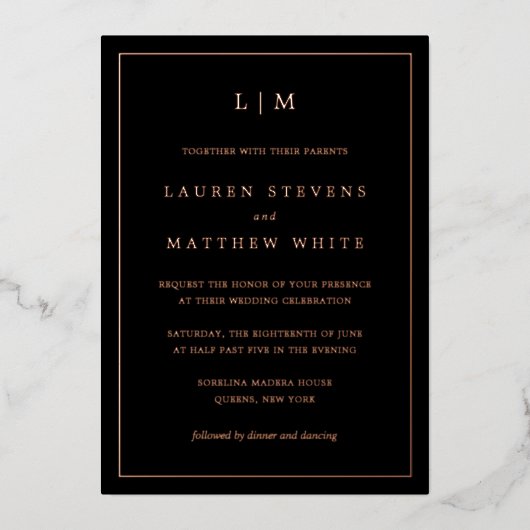 Einfache Schwarze Monogramm Elegante Hochzeit Folieneinladung (Vorderseite)