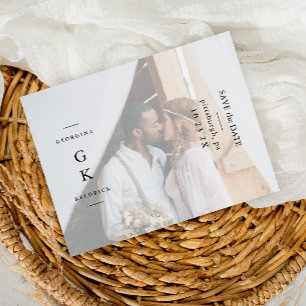 Einfache schwarze Monogramm-Foto-Hochzeit 'Save th Postkarte