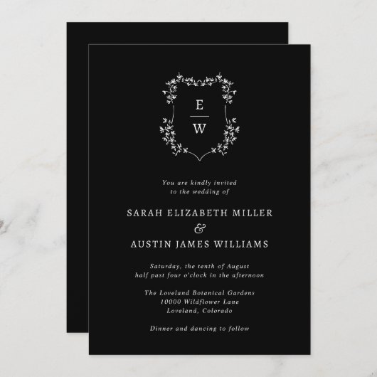 Einfache Schwarze Monogramm-Hochzeit Einladung (Vorne/Hinten)