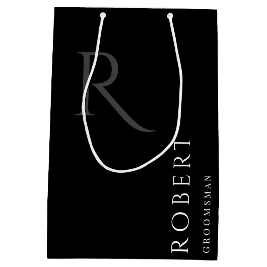 Einfache Schwarze Monogramm Personalisierte Trauze Mittlere Geschenktüte (Rückseite)