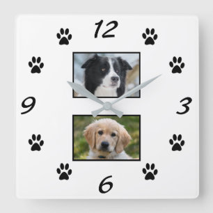 Einfache schwarze Paw Print Pet 2 FotoCollage Quadratische Wanduhr