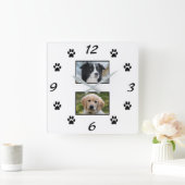Einfache schwarze Paw Print Pet 2 FotoCollage Quadratische Wanduhr (Zuhause)
