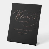 Einfache Schwarze Rose Gold Script Hochzeitsempfan Sockelschild (Vorderseite)