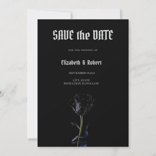 Einfache schwarze Rose Gothic Save the Date (Vorderseite)