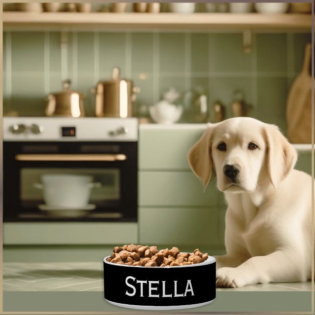 Einfache, schwarze und weiße Bezeichnung Napf (A black and white bowl for your dog's food or water, personalized with your pet's name)