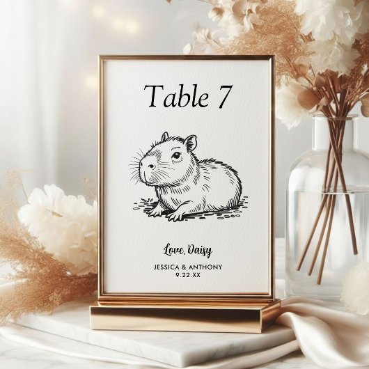 Einfache schwarze und weiße Capybara-Hochzeit Tischnummer