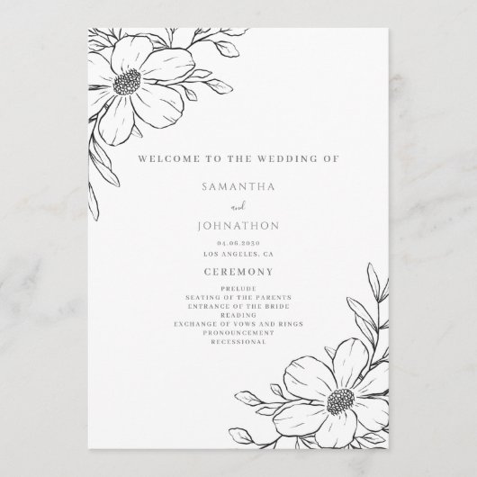 Einfache schwarze weiße Blumenhochzeit Programm (Vorderseite)