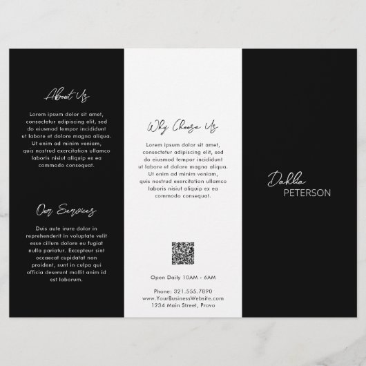 Einfache schwarze zeitgemäße QR-Code Modernst Flyer (Vorne)