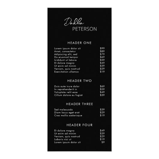 Einfache schwarze zeitgenössische Preisliste Moder Werbekarte (Vorne)