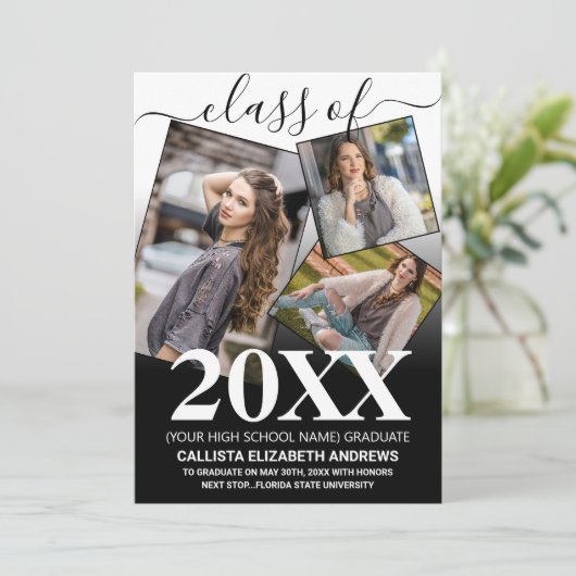 Einfache Schwarzweiß-Abschluss-FotoCollage Ankündigung (Stehend Vorderseite)