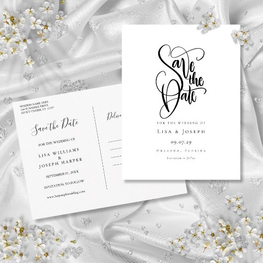 Einfache Schwarzweiß-Kalligraphie Save the Date Postkarte
