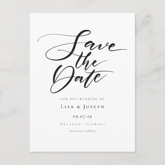 Einfache Schwarzweiß-Schrift Save the Date Postkarte (Vorderseite)