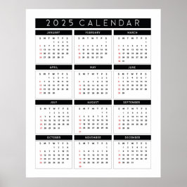 Einfache Schwarzweiß-Version 2025-Kalender Poster