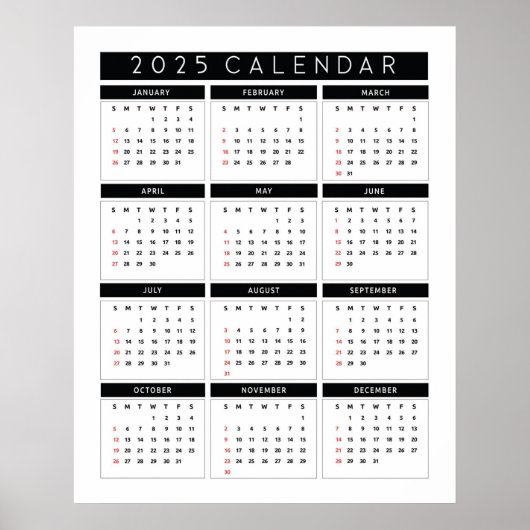 Einfache Schwarzweiß-Version 2025-Kalender Poster (Vorne)