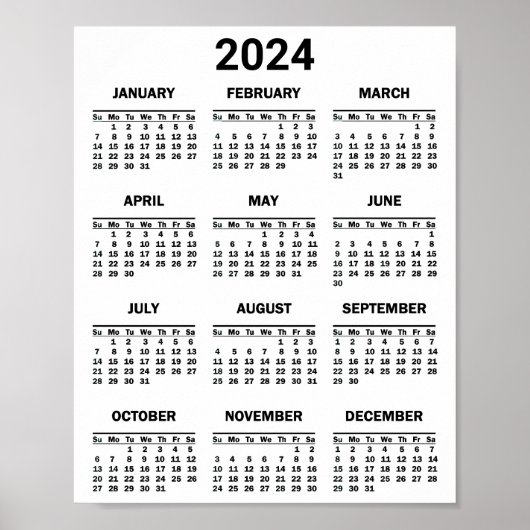 Einfache Schwarzweiß/Weiß 2024 Jahr im Überblick Poster (Vorne)