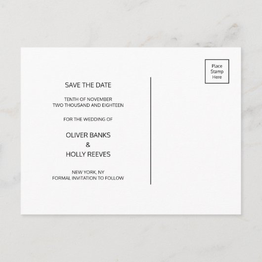 Einfache schwarzweiße Save the Date Postkarte (Rückseite)