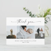Einfache Script 3 Foto Hochzeit Dankeskarte (Stehend Vorderseite)
