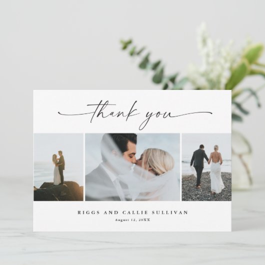 Einfache Script 3 Foto Hochzeit Dankeskarte (Stehend Vorderseite)