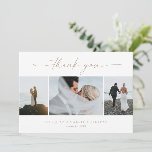 Einfache Script 3 Foto Hochzeit Dankeskarte (Stehend Vorderseite)