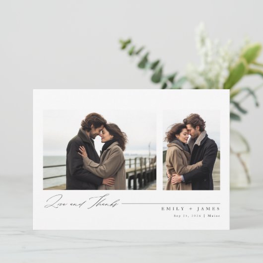 Einfache Script 4 Foto Hochzeit Dankeskarte (Stehend Vorderseite)