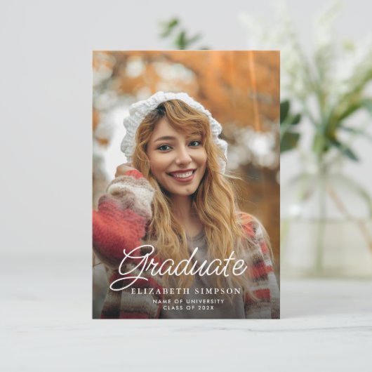 einfache Script-Abschluss-Ankündigung Fotokarte Dankeskarte (Stehend Vorderseite)