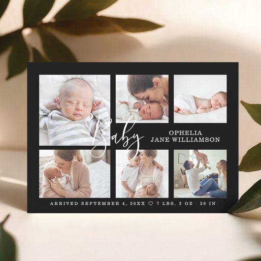 Einfache Script Baby Birth Foto Collage Black Magneteinladung