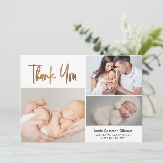 Einfache Script-benutzerdefinierte Babygeburtsstat Dankeskarte (Stehend Vorderseite)