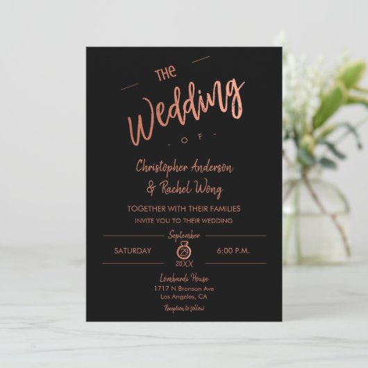 Einfache Script Black Rose Gold Foil Die Hochzeit Einladung (Stehend Vorderseite)