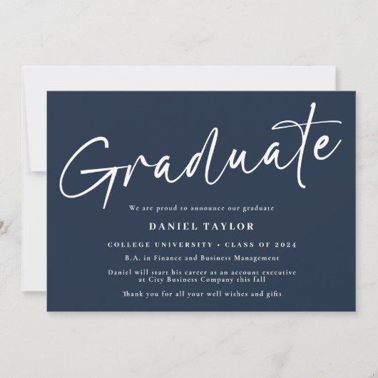 Einfache Script Blue White Foto Abschluss Ankündigung (Vorderseite)