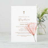 Einfache Script Boho Floral Gold Cross Taufe Einladung (Stehend Vorderseite)