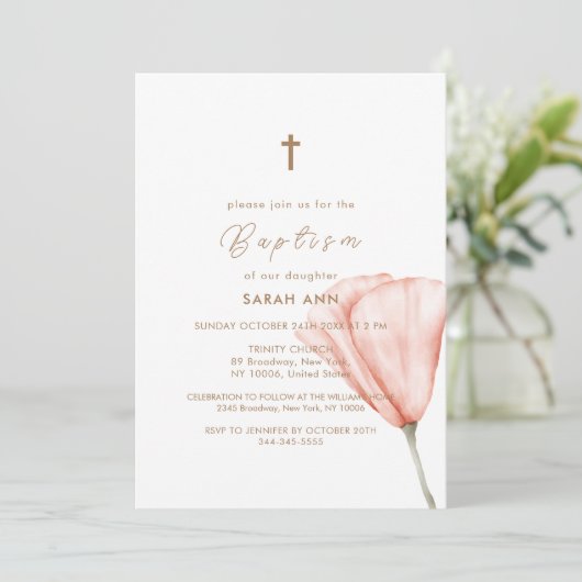 Einfache Script Boho Floral Gold Cross Taufe Einladung (Stehend Vorderseite)