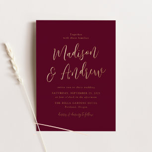 Einfache Script-Burgundy und Gold-Hochzeit Folieneinladung
