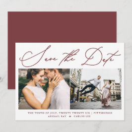 Einfache Script Burgundy Zwei Foto Moderne Save The Date