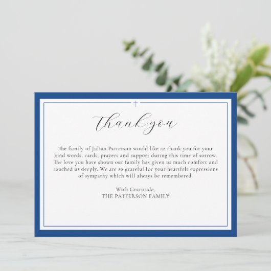 Einfache Script Cross Blue Beerdigung Dankeschön K Einladung (Stehend Vorderseite)