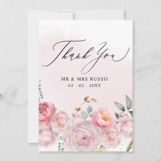 Einfache Script Elegant Blush Floral Wedding Dankeskarte (Vorderseite)