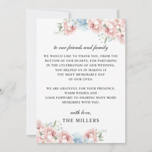 Einfache Script Elegant Blush Floral Wedding Dankeskarte (Rückseite)