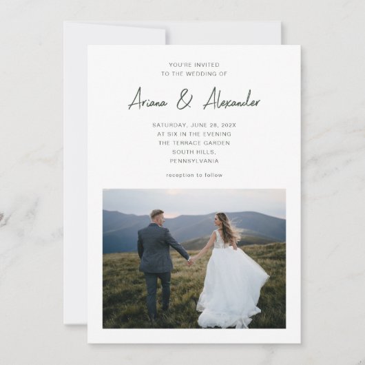 Einfache Script Forest Green Two Foto Hochzeit Einladung (Vorderseite)