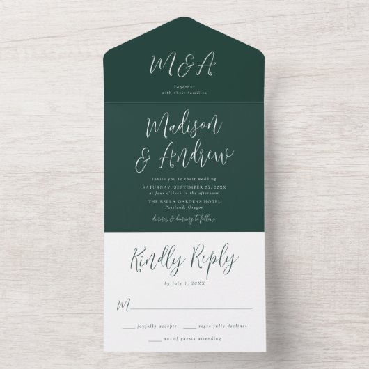Einfache Script Forest Green Wedding All In One Einladung (Innen Boden)