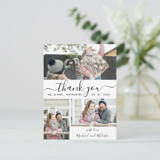 Einfache Script Foto Collage Wedding Vielen Dank Postkarte (Stehend Vorderseite)