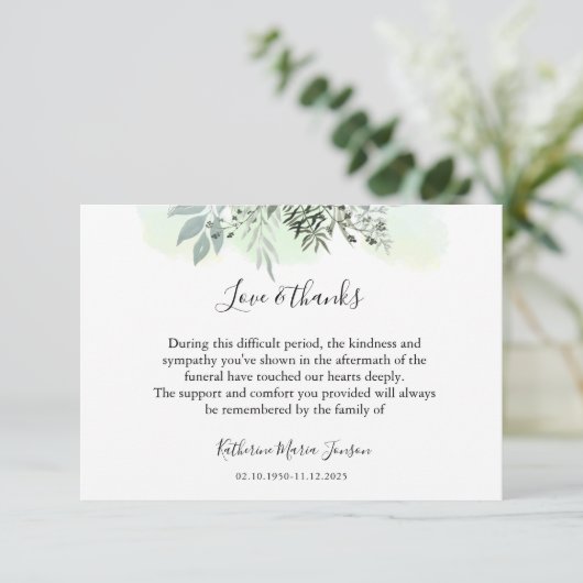 Einfache Script Greenery Beileid Beerdigung Dankeskarte (Stehend Vorderseite)