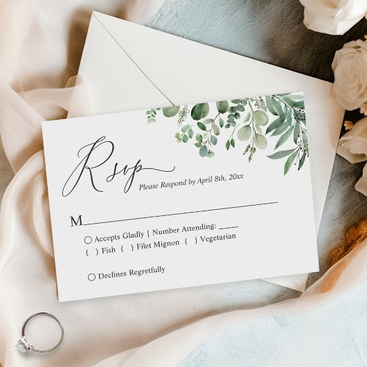 Einfache Script Greenery Eucalyptus Foliage Weddin RSVP Karte